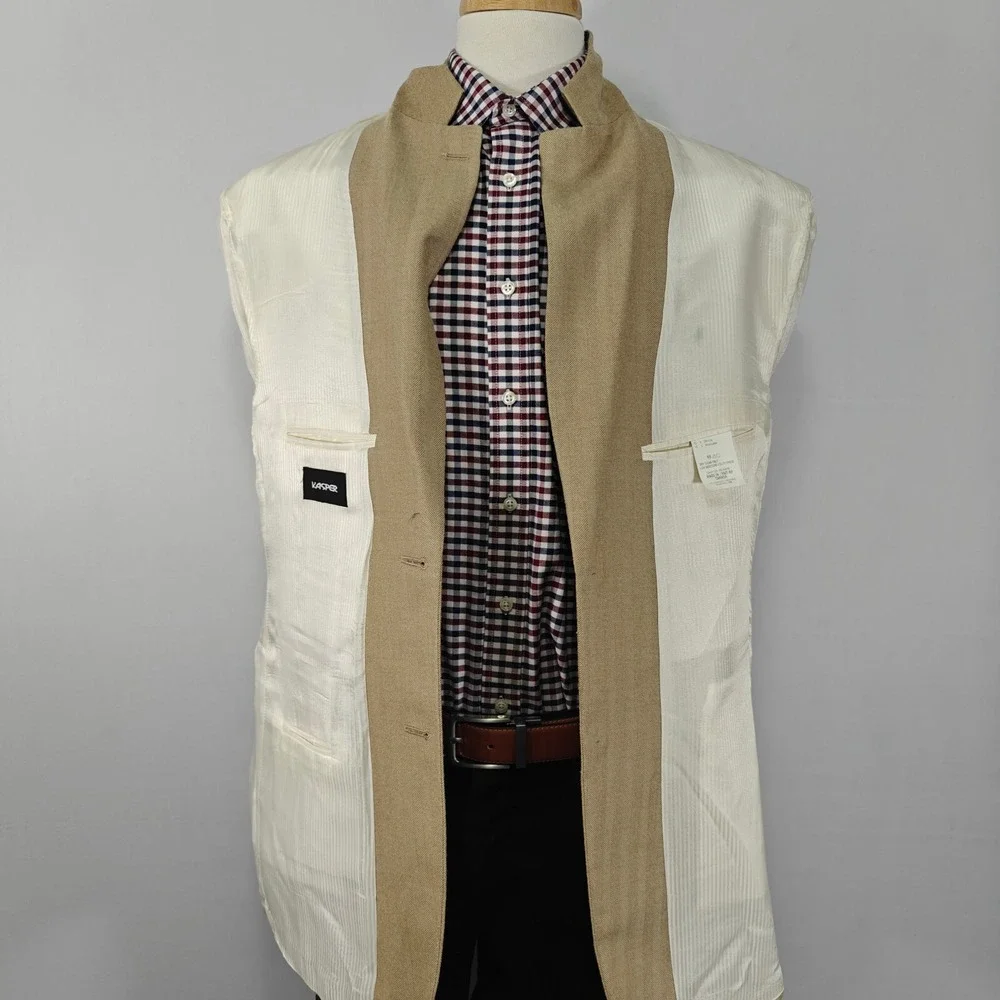 Kasper Men's Sport Coat Blazer‎ Two Button Beige Herringbone Silk Wool Size 44L